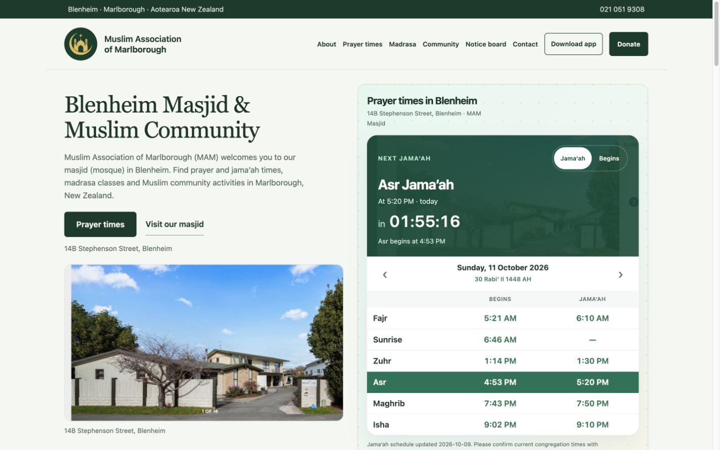 Muslim Association of Marlborough website with Blenheim masjid information and prayer times
