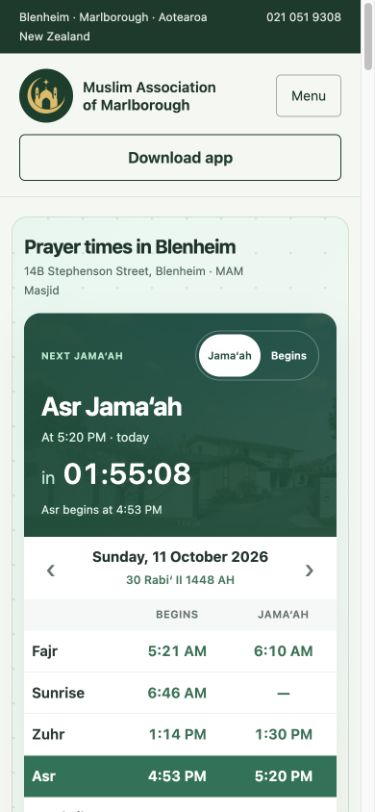 Marlborough community website showing prayer times on a phone